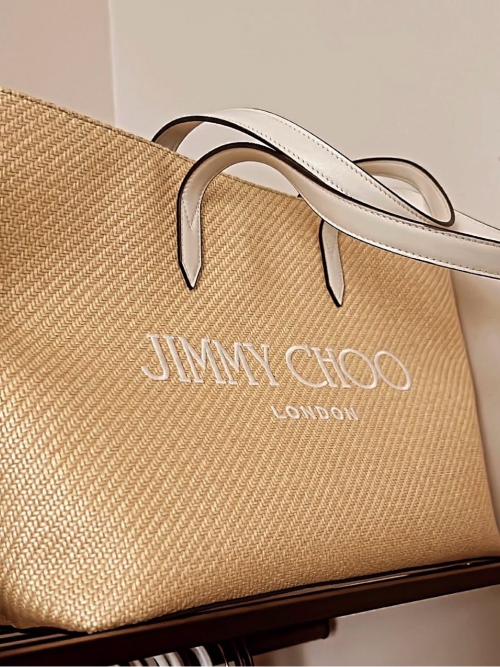 Jimmy Choo Beige Straw Logo Tote with White Leather Handles